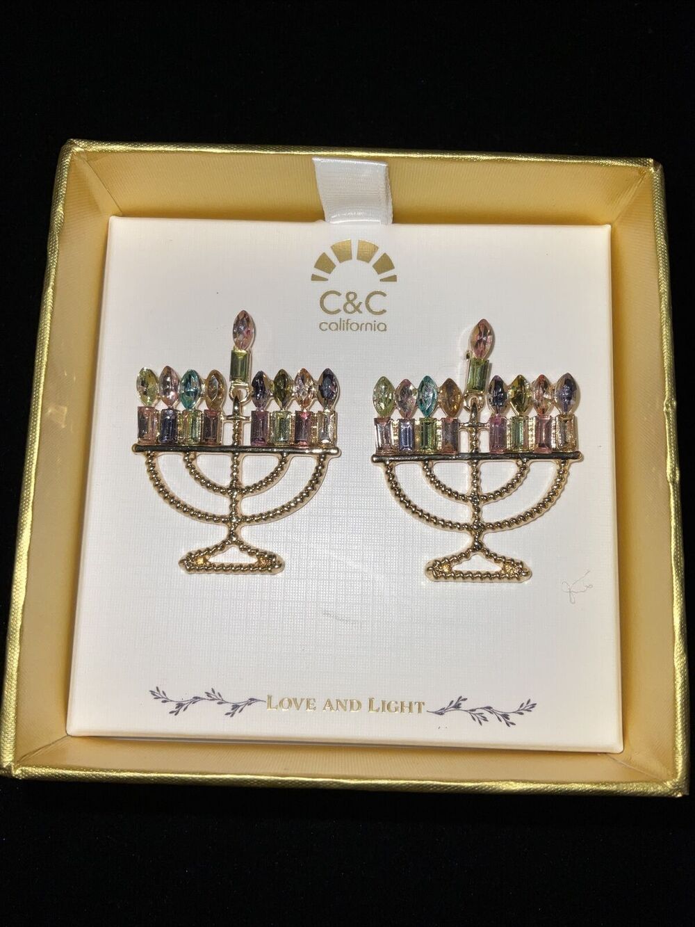 New C&C California Gold Tone Menorah Drop Earrings Crystal Rhinestone Accents